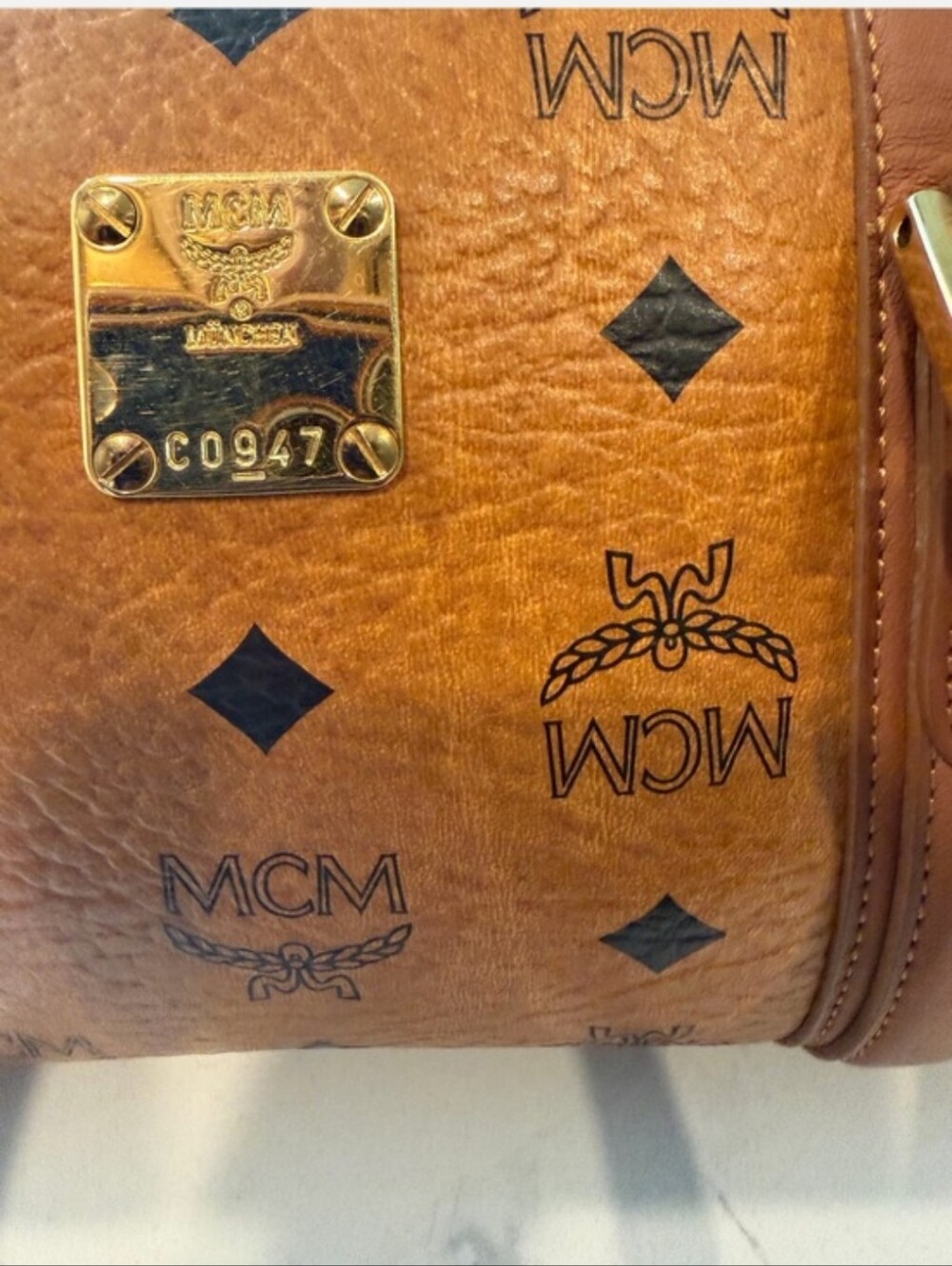 MCM Cognac Visetos Mini Boston Satchel with Gold Plaque - Picture 7 of 8